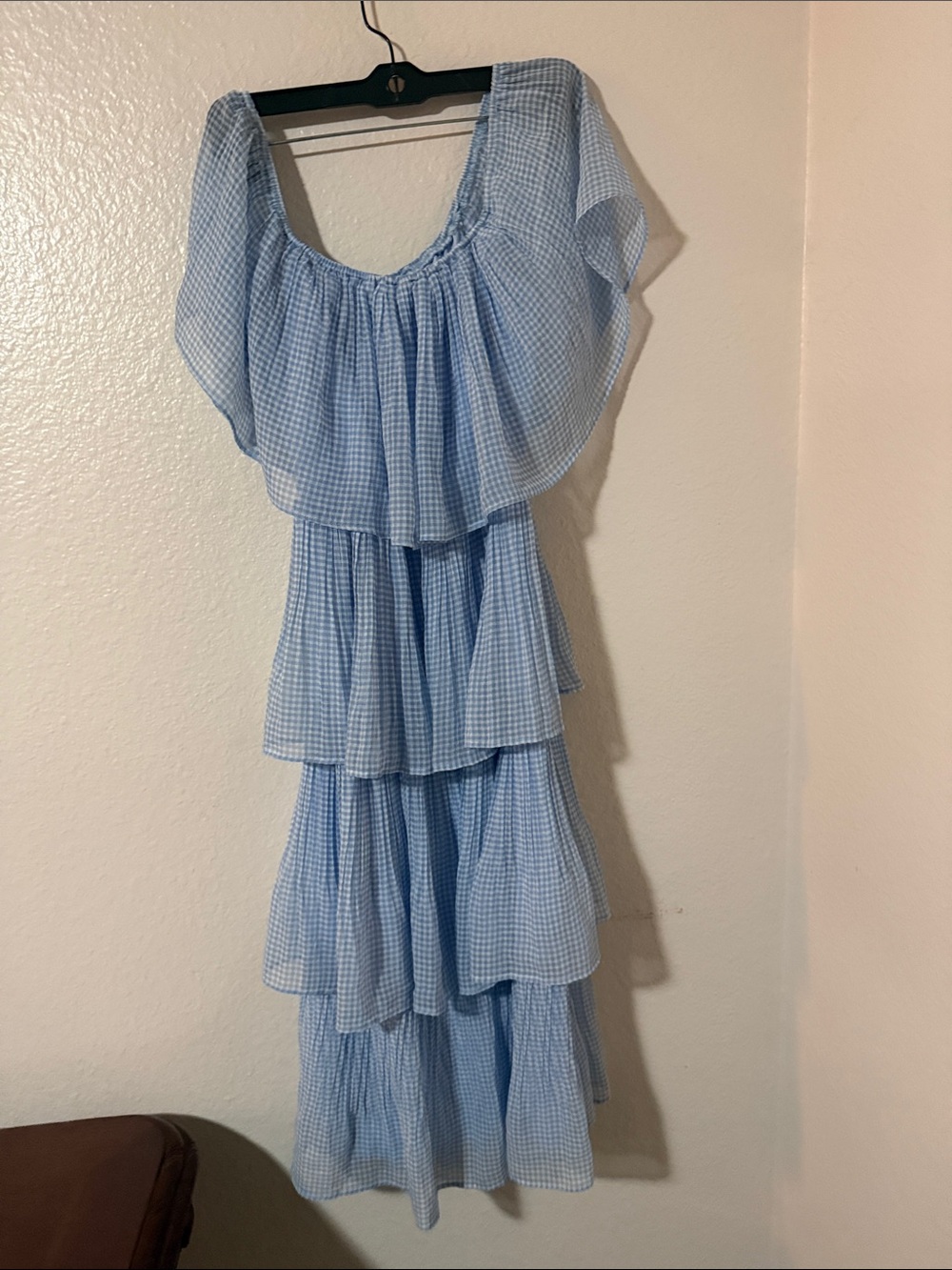 Lulu's Light Blue Gingham Tiered Off-Shoulder Midi Dress S - Picture 4 of 11